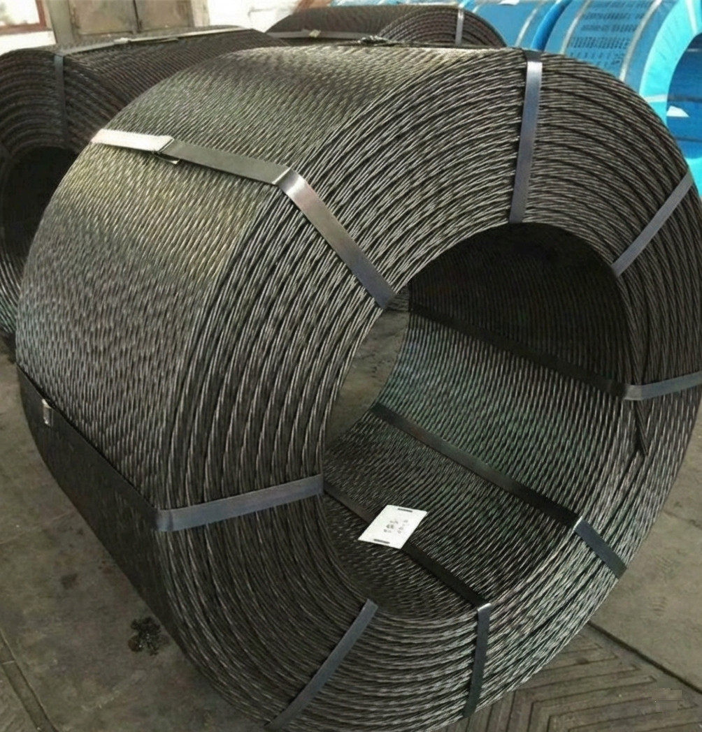 A large industrial coil of 7-wire high-tensile steel strands used for reinforcement in a post tension slab construction project.